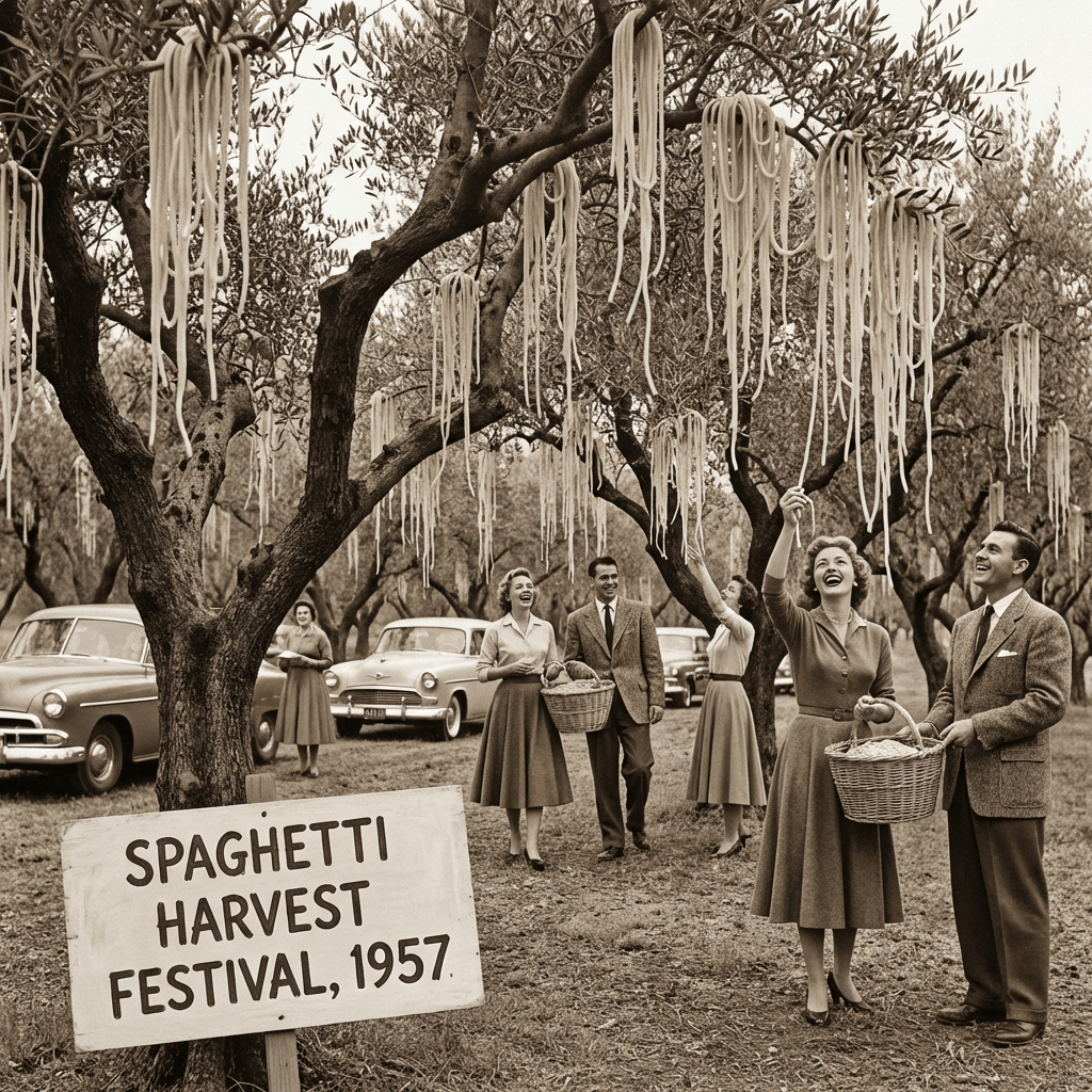 People picking spaghetti from trees next to a sign for Spaghetti Harvest Festival 1957.